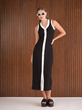 Women Black Rib With White Contrast Button Maxi Dress-SFDRSS12890
