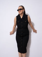 Women Black Wash Denim Front Button Midi Dress-SFDRSS12904