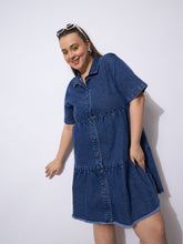 Women Navy Wash Denim Short Tiered Dress-SFDRSS12905