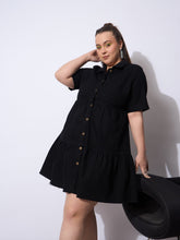 Women Black Wash Denim Short Tiered Dress-SFDRSS12906
