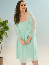 Women Sea Green Dobby Back Smocking Skater Dress-SFDRSS12934
