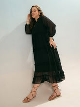 Women Black Dobby V Neck Tiered Maxi Dress-SFDRSS12935