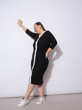 Women Black Rib Contrast Placket Midi Dress-SFDRSS12941