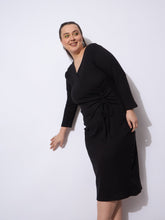 Women Black Rib Side Knot Rouching Midi Dress-SFDRSS12944