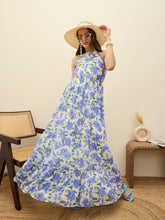 Women Blue Floral Halter Neck Maxi Dress-SFDRSS12952