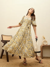 Women Beige Paisley Belted Midi Dress-SFDRSS12953