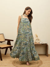Women Green Paisley Strappy Tiered Maxi Dress-SFDRSS12955