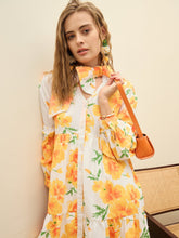 Women Yellow Floral Ruffle Hem V-Neck Short Dress-SFDRSS12970