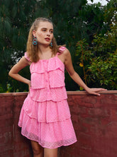 Women Pink Dobby Ruffle Short Dress-SFDRSS12980