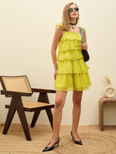 Women Green Dobby Ruffle Short Dress-SFDRSS12981