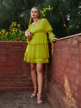 Women Green Dobby V-Neck Short Dress-SFDRSS12986