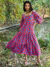 Women Red & Blue Floral Back Tie Knot Midi Dress-SFDRSS13003
