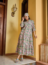 Women Green Floral Button Down Tiered Maxi Dress-SFDRSS13012