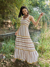 Women White & Yellow Stripes Strappy Maxi Dress-SFDRSS13014