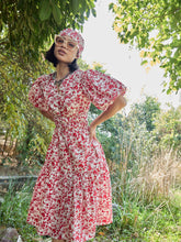 Women White & Red V-Neck Puff Sleeves Midi Dress-SFDRSS13017