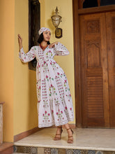 Women White Floral V-Neck Waist Tie Knot Midi Dress-SFDRSS13018