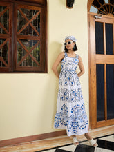 Women White & Blue Floral Strappy Tired Maxi Dress-SFDRSS13029