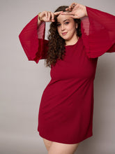 Women Maroon Pleated Sleeves Straight Fit Dress-SFDRSS13040
