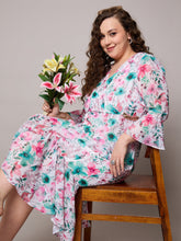 Women Pink Floral Frill Hem Midi Dress-SFDRSS13047
