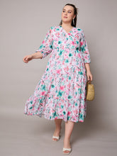 Women Pink Floral Wrap Neck Tiered Midi Dress-SFDRSS13050