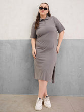 Women Grey Polo Neck Side Slit Midi Dress-SFDRSS13054