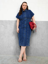 Women Navy Denim Kimono Sleeves Midi Dress-SFDRSS13061