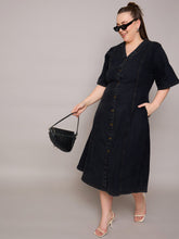 Women Black Denim V Neck Midi Dress-SFDRSS13064