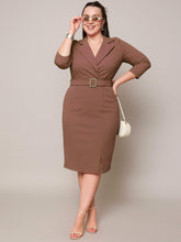 Women Brown Notch Collar Belted Bodycon Dress-SFDRSS13067
