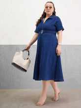 Women Navy Denim Front Zipper Flared Hem Midi Dress-SFDRSS13074