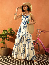 Women Blue & Off White Floral Strappy Back Cut Out Maxi Dress-SFDRSS13077
