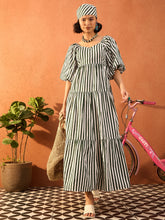 Women Green & White Stripe Tiered Maxi Dress-SFDRSS13081