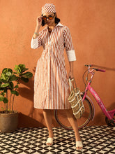 Women Brown & White Stripe Contrast Collar Midi Dress-SFDRSS13083