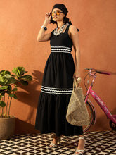 Women Black Ric Rac Lace Strappy Tiered Midi Dress-SFDRSS13086