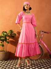 Women Pink Ric Rac Lace Square Neck Maxi Dress-SFDRSS13088