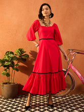 Women Red Ric Rac Lace Square Neck Maxi Dress-SFDRSS13089