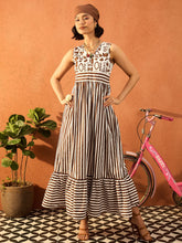 Women Brown & White Stripes Back-Tie Dori Cut-out Tiered Maxi-SFDRSS13097