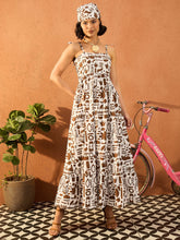 Women Brown & White Quirky Print Strappy Tie-up Maxi Dress-SFDRSS13099