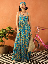 Women Blue & Yellow Ikat Print Strappy Tie-up Maxi Dress-SFDRSS13102