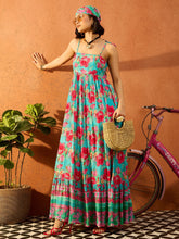 Women Blue & Pink Floral Strappy Tie-up Maxi Dress-SFDRSS13103