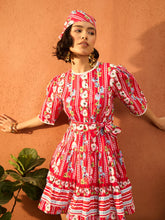 Women Red Floral Round Neck Short Tired Dress-SFDRSS13106