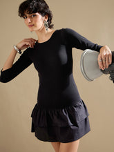 Women Black Rib Ruffle Hem Short Dress-SFDRSS13120