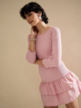 Women Pink Rib Ruffle Hem Short Dress-SFDRSS13121