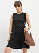 Women Black Jersey Sleeveless Tiered Short Dress-SFDRSS13125