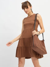 Women Brown Jersey Sleeveless Tiered Short Dress-SFDRSS13126