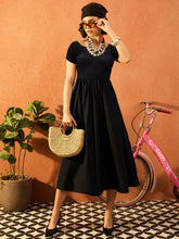 Women Black Poplin Smocked Midi Dress-SFDRSS13131