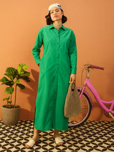 Women Green Poplin Longline Shirt Dress-SFDRSS13138