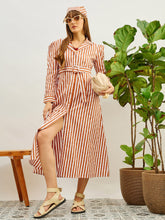 Women Brown & White Striped Poplin Belted Shirt Dress-SFDRSS13141