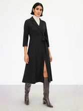 Women Black Notch Collar Wrap Midi Dress-SFDRSS13142