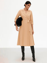 Women Beige Notch Collar Wrap Midi Dress-SFDRSS13143