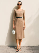 Women Beige Sweetheart Neck Midi Dress With PU Belt-SFDRSS13144